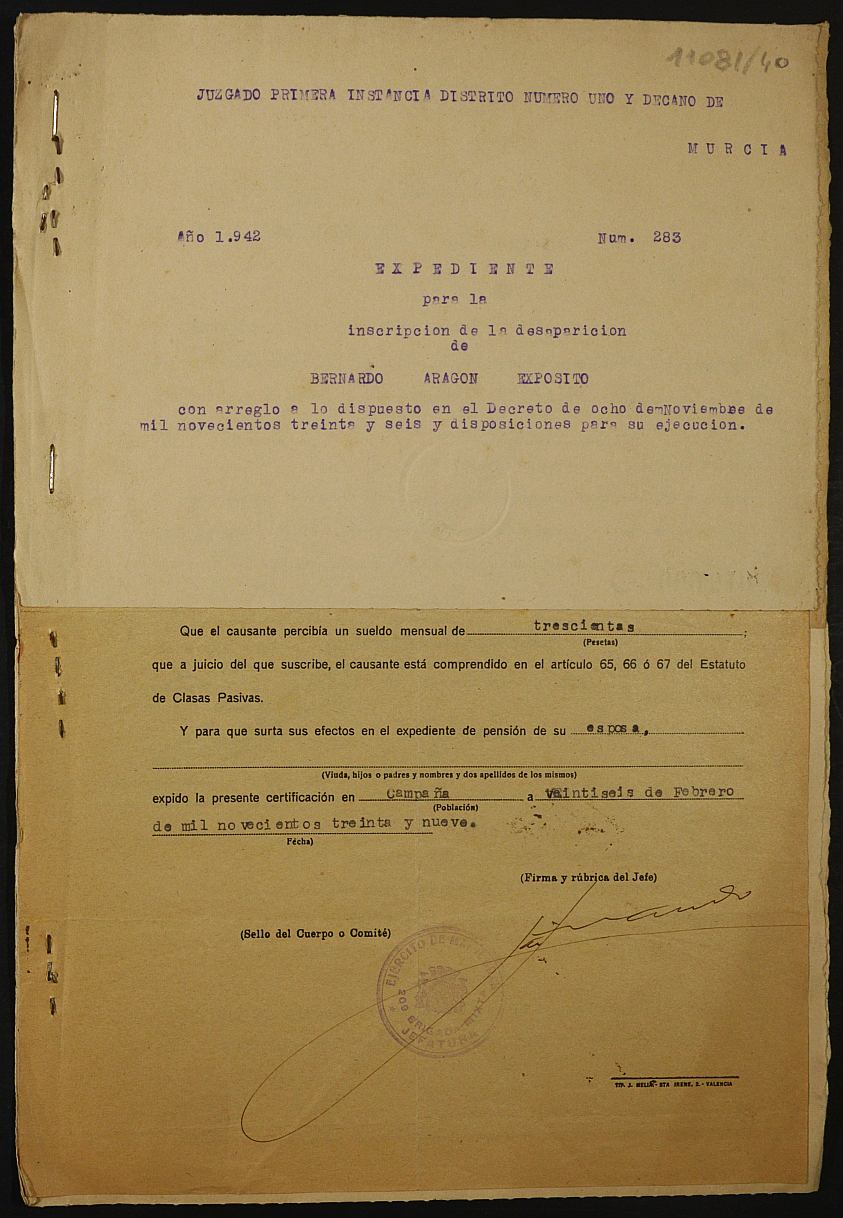 Expediente nº 283/1942 del Juzgado de Primera Instancia de Murcia para la inscripción en el Registro Civil por la defunción en el frente de Bernardo Aragón Expósito.